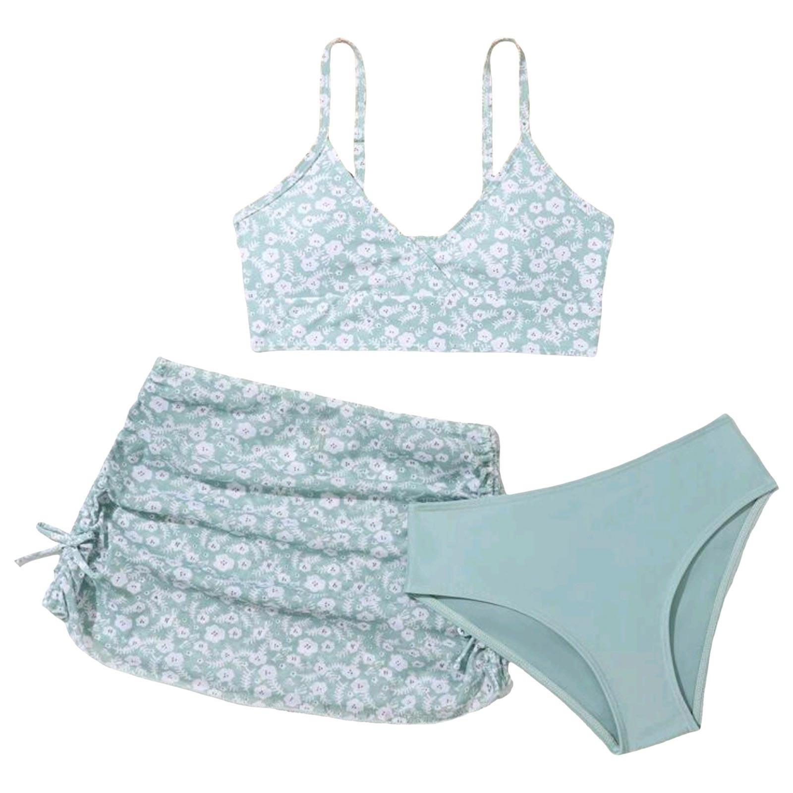 Gyexs Tween Girls Swimsuit Bathing Suit 3 Piece Floral Bikini Tops Shorts Skirt Swimming Suit Beachwear Summer Party Clothes Swimwear Light Green 7-8 Years